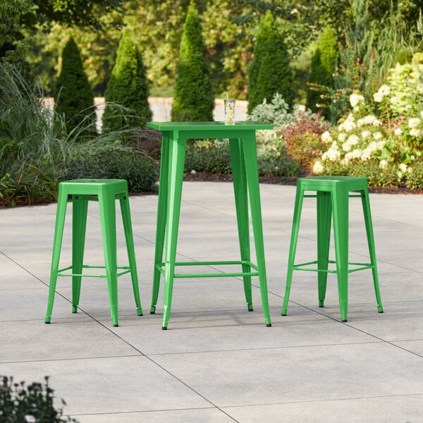 Lancaster Table & Seating Alloy Series 23 1/2" x 23 1/2" Jade Green Bar Height Outdoor Table with 2 Backless Barstools