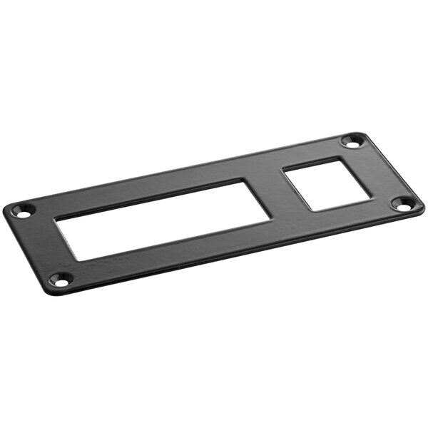 A black rectangular metal panel with a hole in the middle.