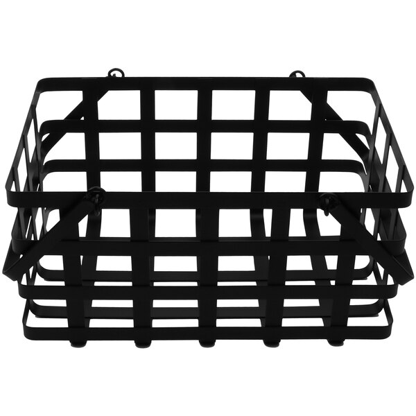 A black metal rectangular serving basket with strap handles.