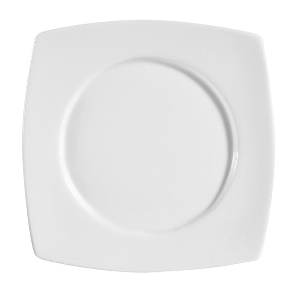 A bright white porcelain round in square plate with a circular design.