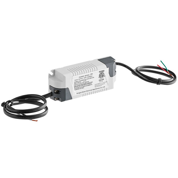 An Avantco LED driver in a white box with black and white wires.