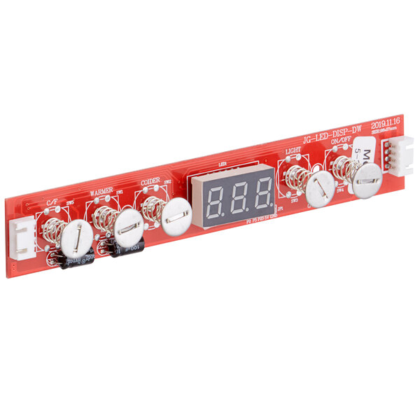 A red AvaValley PCB touch display panel with white and silver buttons.