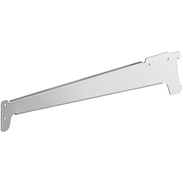 A white metal shelf bracket with a metal bar.