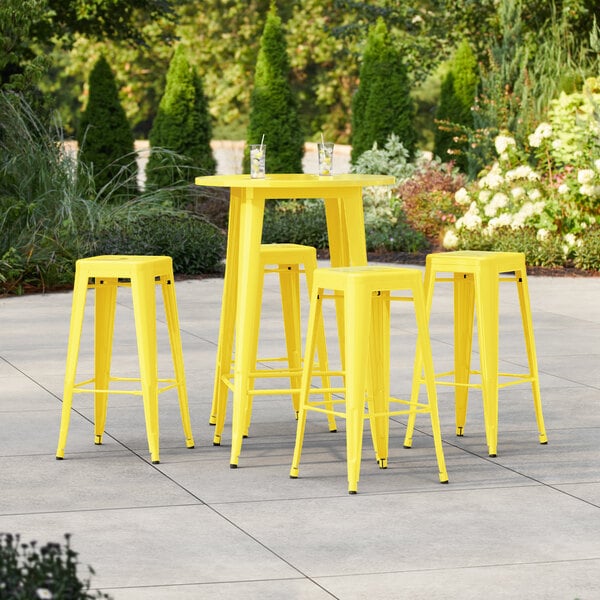 Lancaster Table & Seating Alloy Series 30" Round Citrine Yellow Bar Height Outdoor Table with 4 Backless Barstools