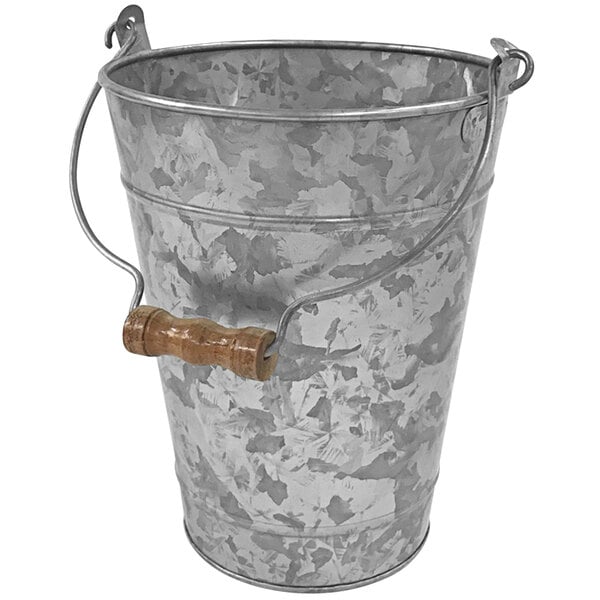 A round galvanized metal bucket with a wooden handle.