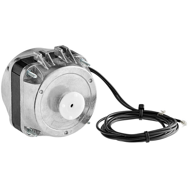 An Avantco condenser fan motor with black and white wires.