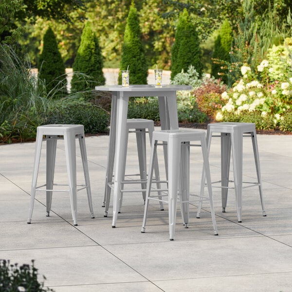 Lancaster Table & Seating Alloy Series 30" Round Silver Bar Height Outdoor Table with 4 Backless Barstools