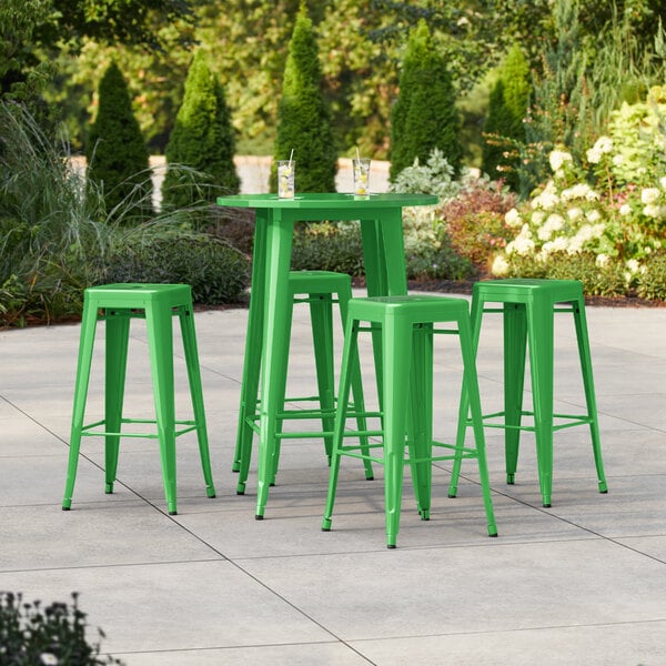 Lancaster Table & Seating Alloy Series 30" Round Green Bar Height Outdoor Table with 4 Backless Barstools