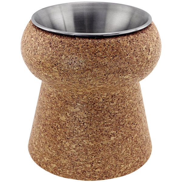 A cork container with a stainless steel bowl inside.