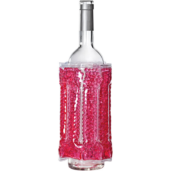 A Franmara Fuchsia Pink Gel Bead Bottle Cooler on a bottle of red wine.