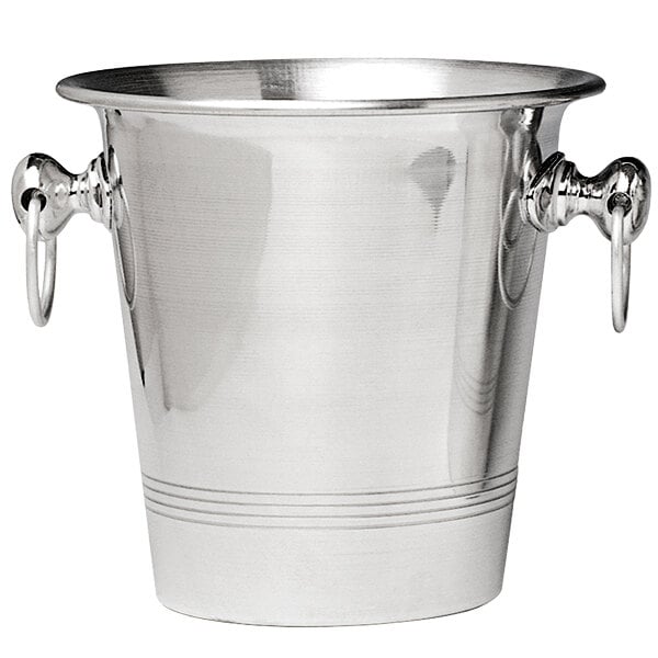 A silver Franmara aluminum wine bucket with handles.