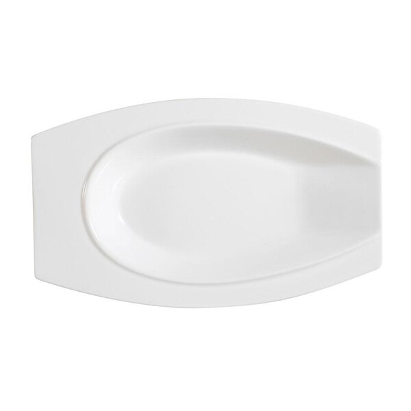 A bone white porcelain horseshoe platter with an oval shape and a curved edge.