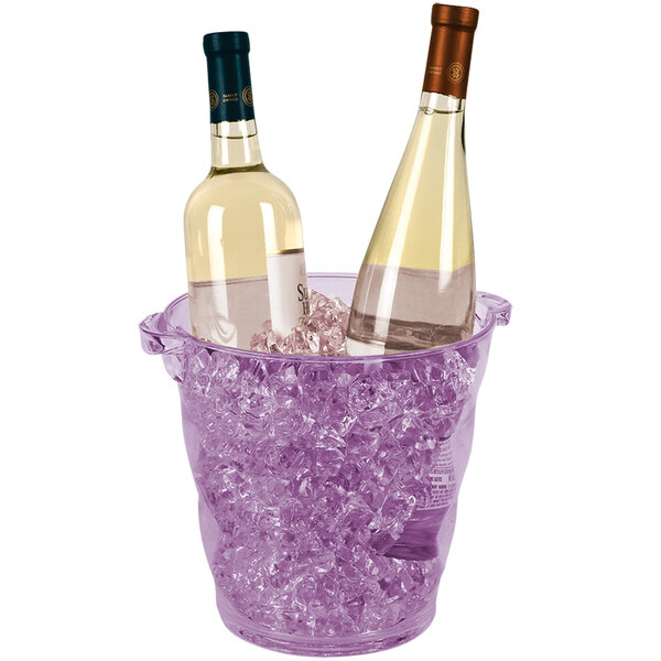 A lavender acrylic wine bucket with ice and wine bottles.