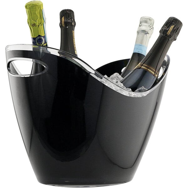 A black Franmara wine bucket with champagne and wine bottles in it.