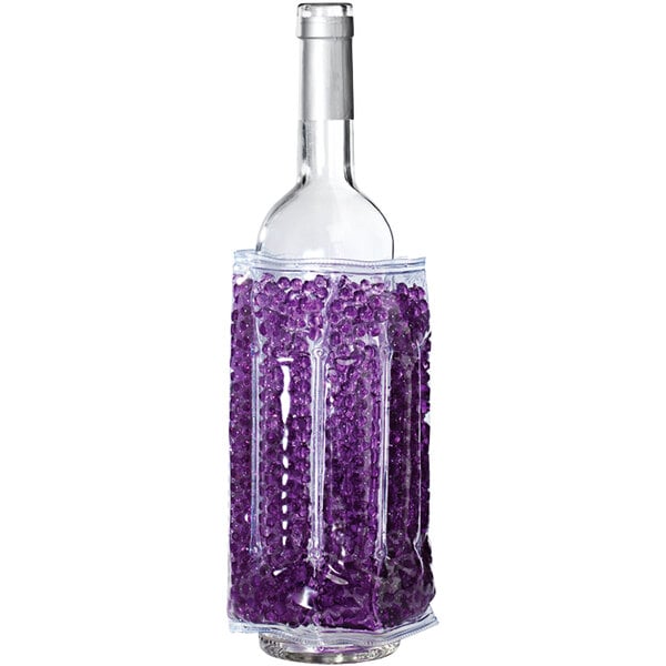 A Franmara Indigo Purple Gel Bead Bottle Cooler with a bottle of purple liquid and purple gel beads.