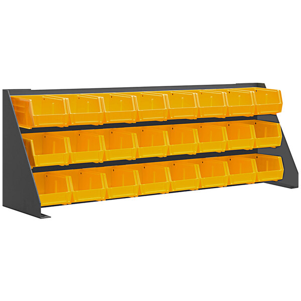 A yellow steel louvered rack with three yellow bins.