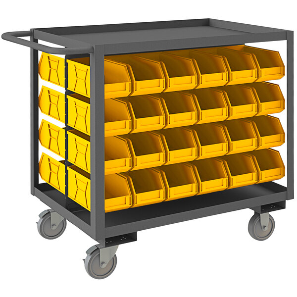 A yellow Durham maintenance cart with yellow bins on it.