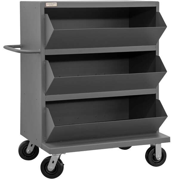 A gray metal Durham stock cart with 3 bin openings.