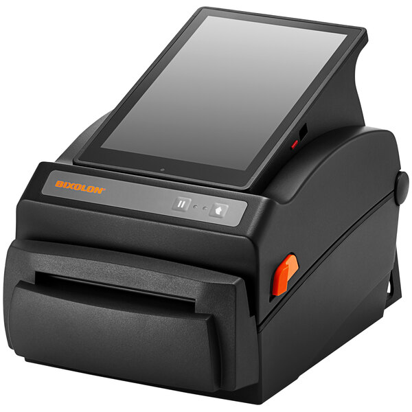 A black Bixolon Android tablet label printer with a screen.