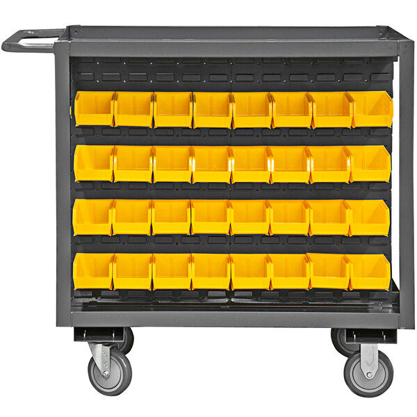 A Durham black and yellow bin cart with yellow bins.