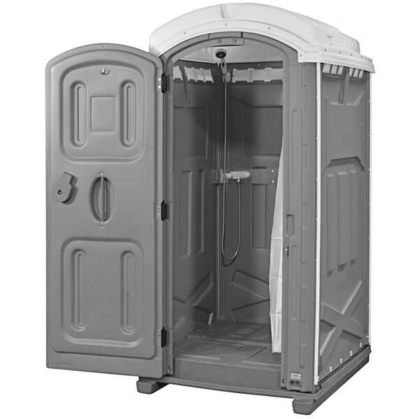 A gray Satellite Fresh Start portable cold shower with a door open.