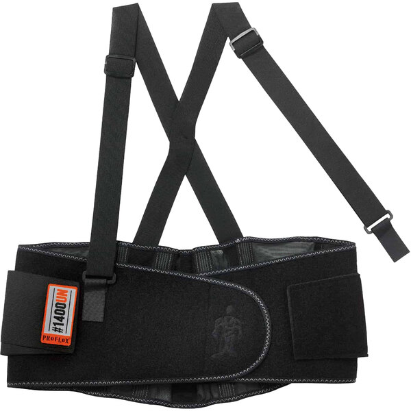 A black ProFlex Ergodyne back support belt with black and orange straps.