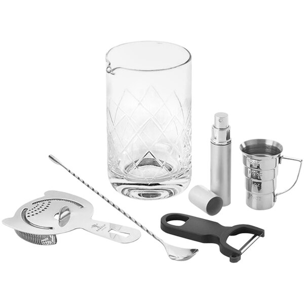 A Barfly stainless steel cocktail set with a glass, a bottle opener, and a spoon.