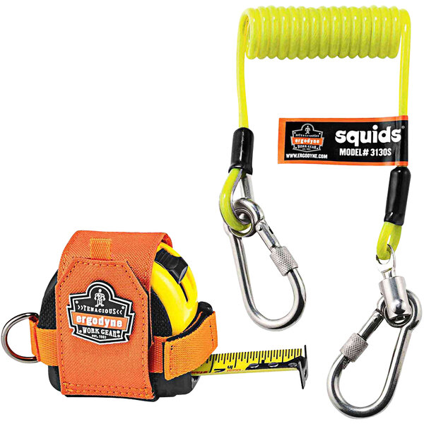 An Ergodyne Squids tape measure tethering kit with a yellow leash and spring.