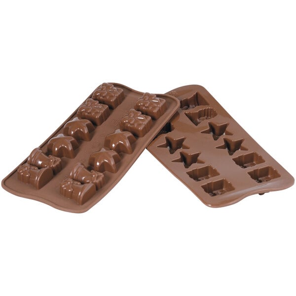 A Silikomart Christmas brown silicone chocolate mold with 12 different shapes.