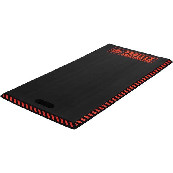A black rectangular foam kneeling pad with red trim.