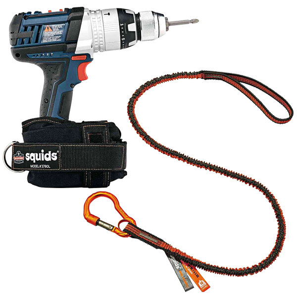 An Ergodyne Squids tool tethering kit attached to a cordless drill using a strap.