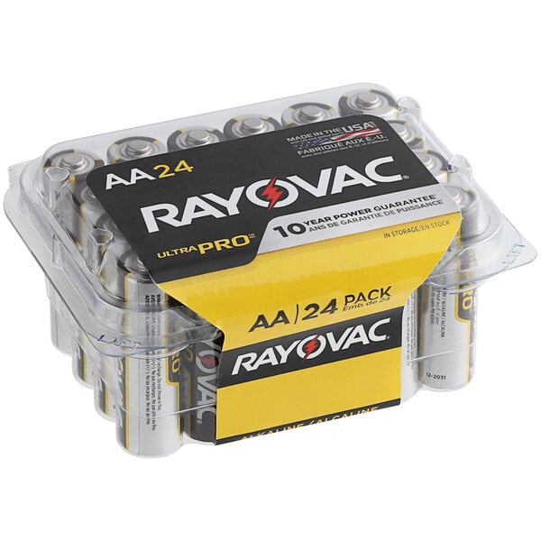 A pack of Rayovac AA batteries in a plastic container.