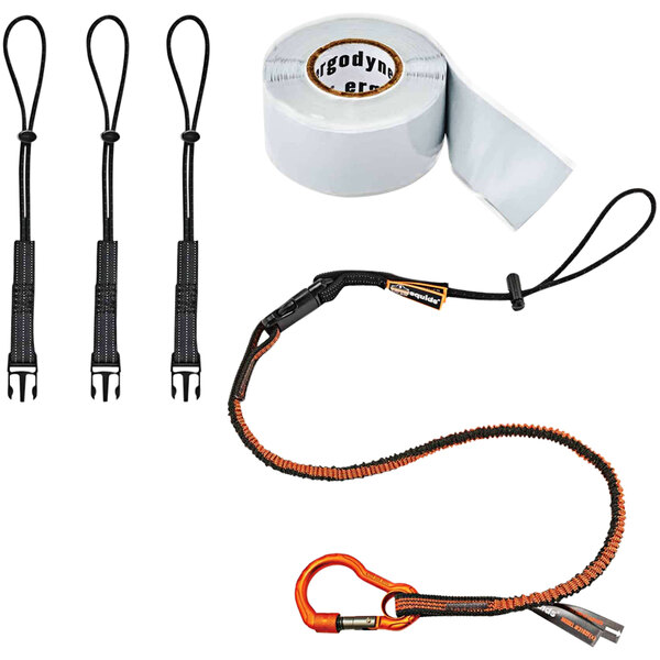 An Ergodyne Squids tool tethering kit including a tape, straps, and a roll of tape.