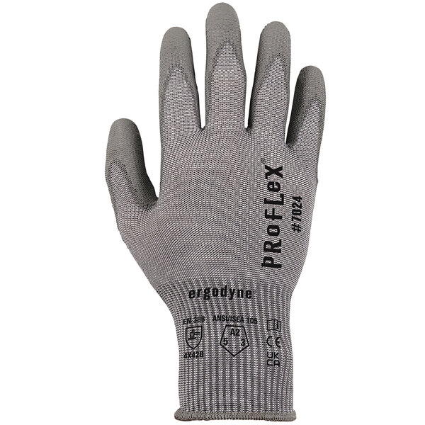 A small grey Ergodyne ProFlex cut resistant glove with a polyurethane palm coating.