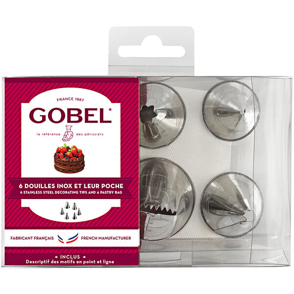 A package of Gobel stainless steel pastry tips and cotton piping bag.