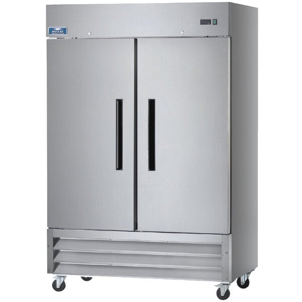 Arctic Air reach-in refrigerator with two doors, stainless steel.