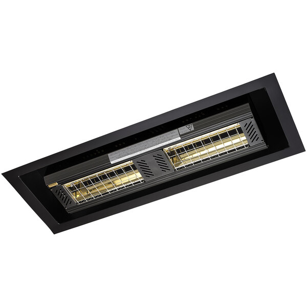 A black rectangular metal grid for two Solaira ceiling mounted heaters.