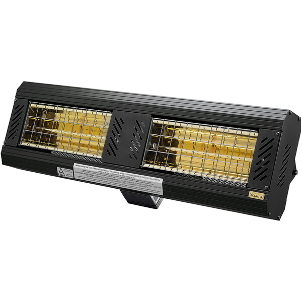 A black Solaira electric infrared heater with two yellow lights.