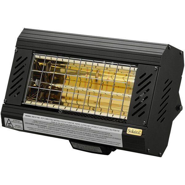 A Solaira black aluminum electric infrared heater with a metal cage.