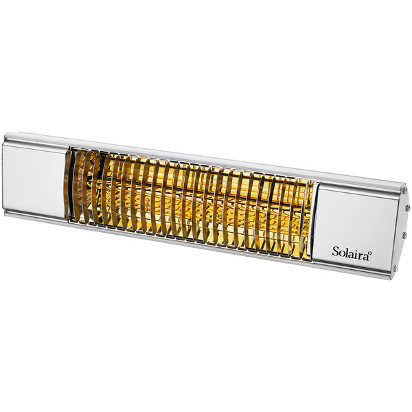 A close-up of a Solaira stainless steel electric infrared heater with a yellow light.