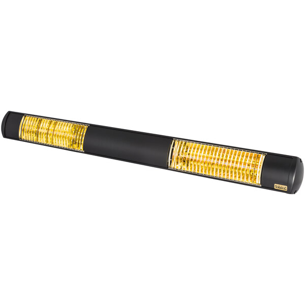 A black rectangular Solaira electric infrared heater with yellow lights.