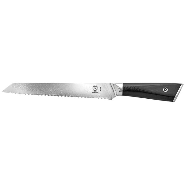 A Mercer Culinary bread knife with a black handle and silver blade.