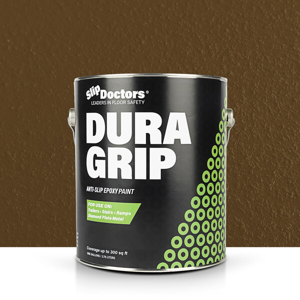 A dark brown SlipDoctors Dura Grip paint can with white text.