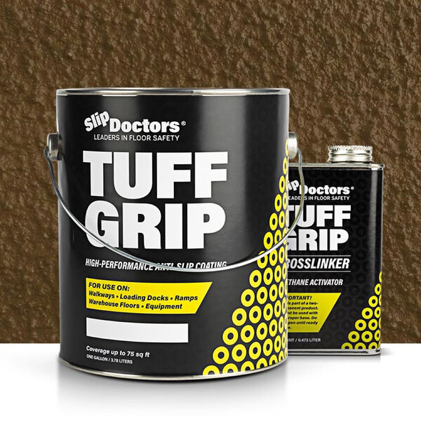 A dark brown can of SlipDoctors Tuff Grip Extreme floor paint with a handle.