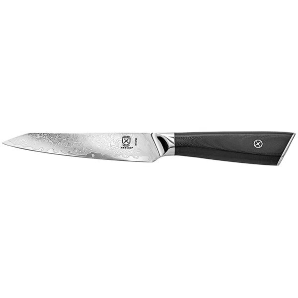 A Mercer Culinary Damascus Utility Knife with a black handle and silver blade.