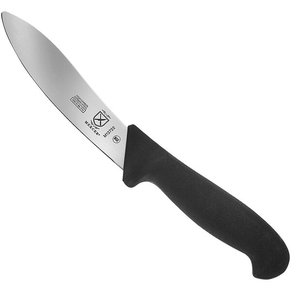 A Mercer Culinary lamb skinning knife with a black handle.