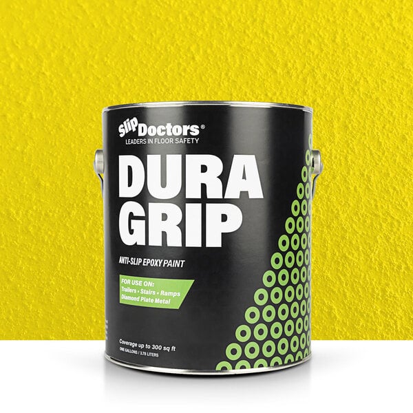 A yellow can of SlipDoctors Dura Grip paint with white text.