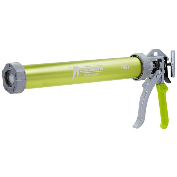 A neon yellow and grey caulking gun with a silver handle.