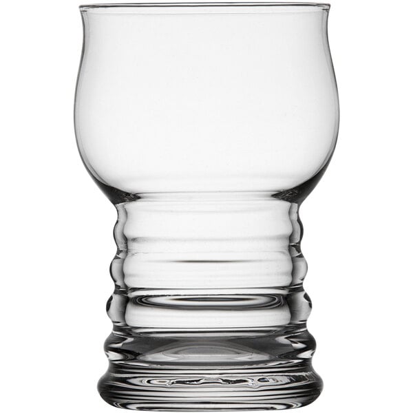 A clear Fortessa Mini IPA beer tasting glass with a curved rim.