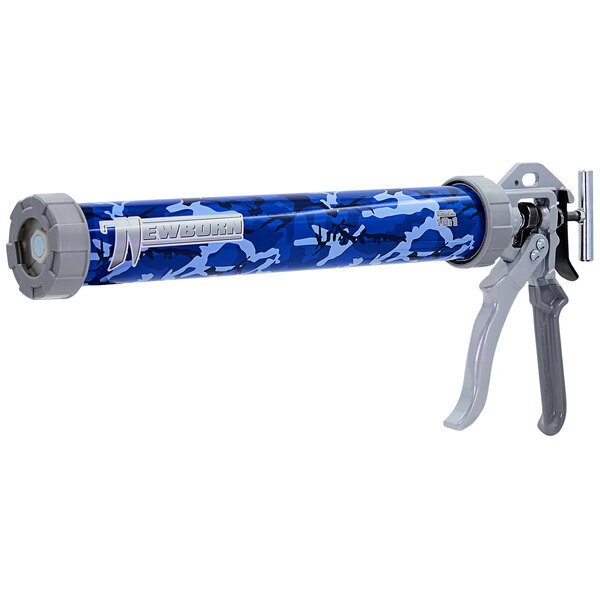 A blue and grey camouflage caulking gun with a blue camouflage tube.
